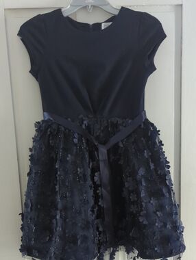 Us Angels Navy Floral Appliqué Tulle Dress with Satin Tie